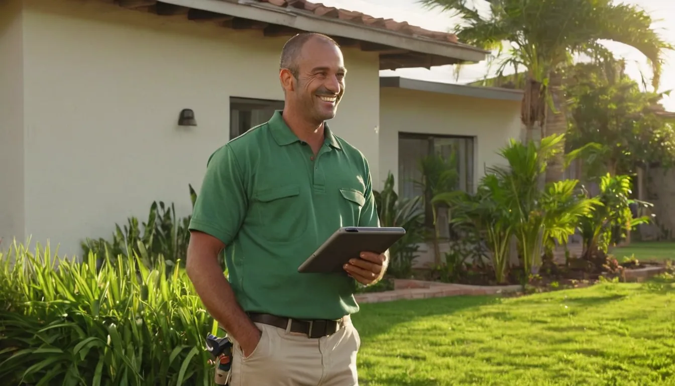 A friendly pest control provider talking with a homeowner at the front door of a Treasure Island home