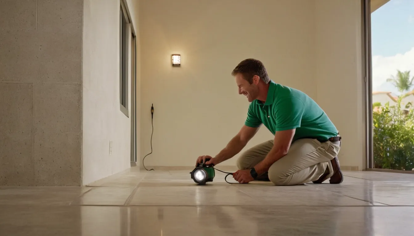 Friendly provider inspecting a baseboard for termite signs inside a Treasure Island home